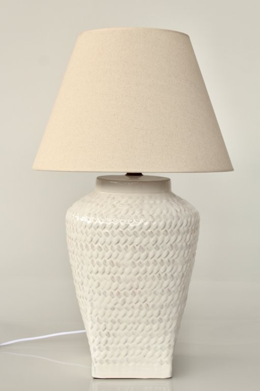 White Ceramic Basket Weave Lamp Base With Beige Shade